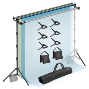 julius studio 10 x 10 ft. triple crossbar backdrop stand double photo background support, new metal cap design, upgraded sturdy structure, spring clamps, sand bags, jsag596