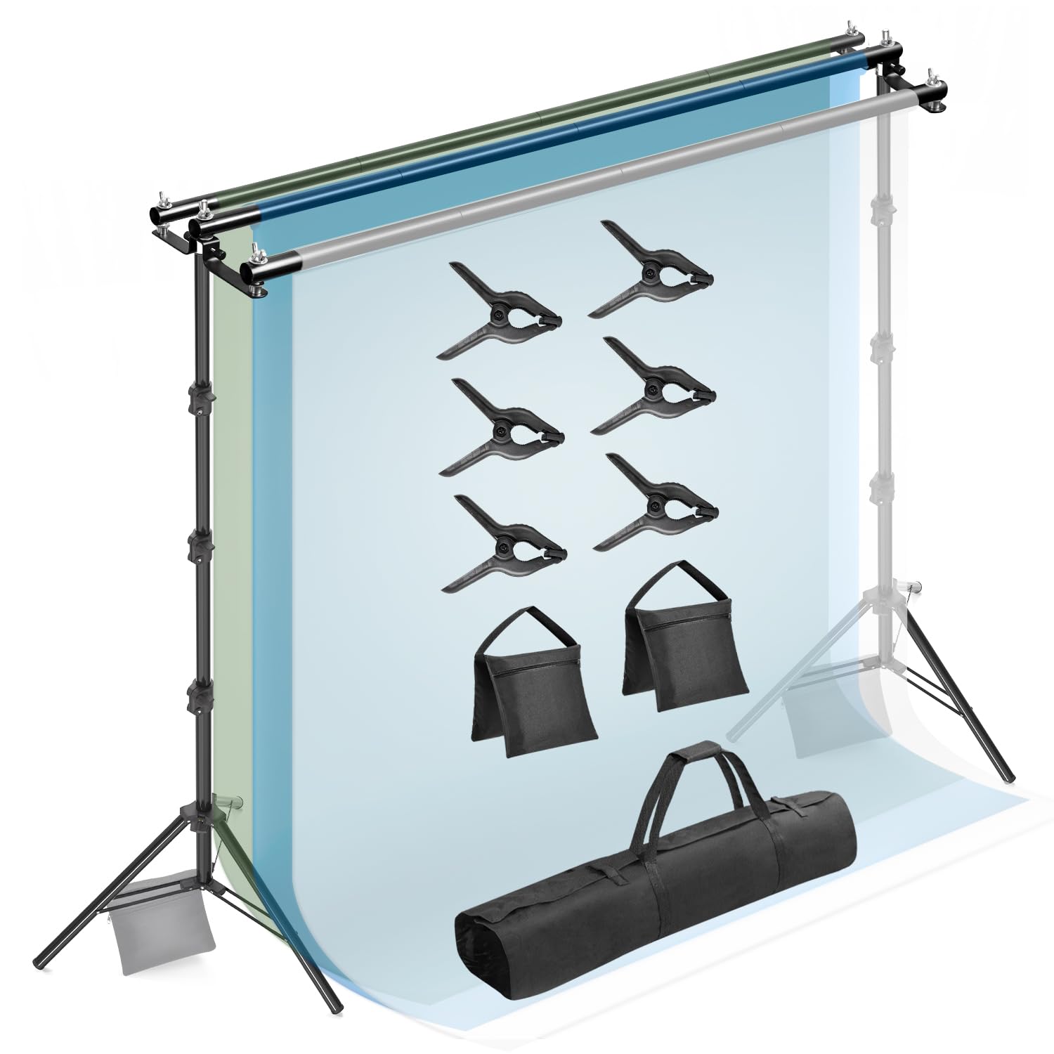 Julius Studio 10 x 10 ft. Triple Crossbar Backdrop Stand Double Photo Background Support, New Metal Cap Design, Upgraded Sturdy Structure, Spring Clamps, Sand Bags, JSAG596