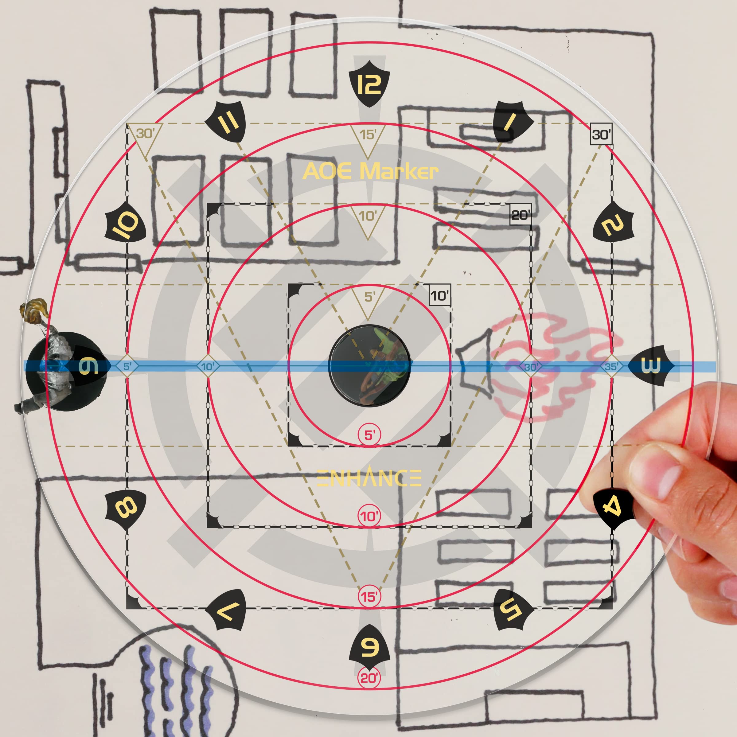 ENHANCE 30ft Spell AOE Damage Template - DND Area of Effect Marker for 1" Battle Grid Mat or Grid-Less Terrain - Upgraded Measure Tool Quickly Determines Spell Effects - Perfect for Tabletop RPG DMS