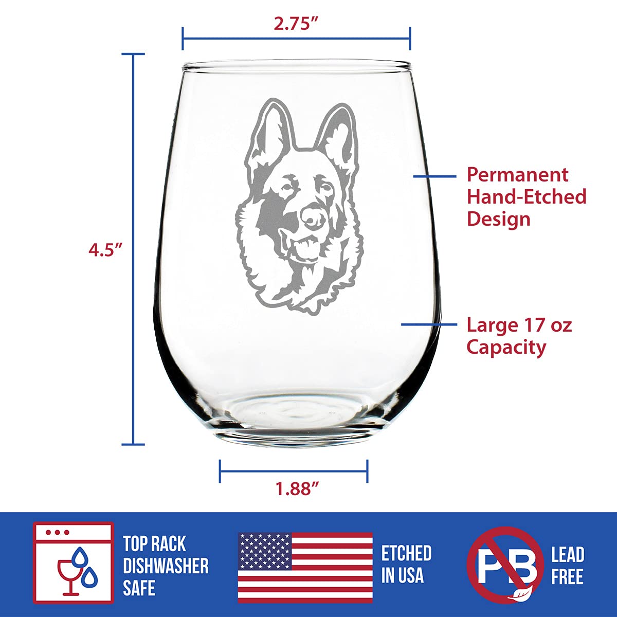 German Shepherd Happy Face Stemless Wine Glass - Cute Gifts for Dog Lovers with German Shepherds - Large Glasses