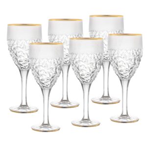 barski goblet - wine glass - water glass - crystal - set of 6 stemmed glasses - glass is designed with with frosted border and gold rim - 11 oz made in europe -
