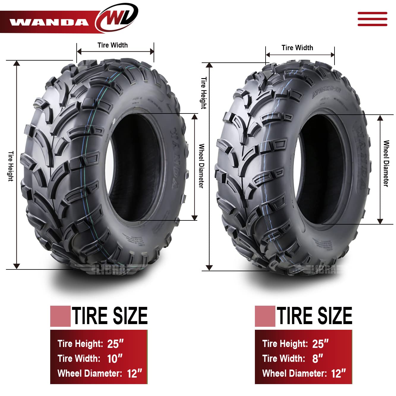 16-20 Polaris RANGER 500 570 ATV Tire Set WANDA 25x8-12 25x10-12 lite Mud