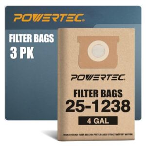 powertec shop vacuum bags 3pk for stanley 25-1238/ porter cable pcx18301-4b, sl18301-3b 4 gallon vacuum bags, replacement filter bags for stanley & porter cable shop vacuum accessories (75051)