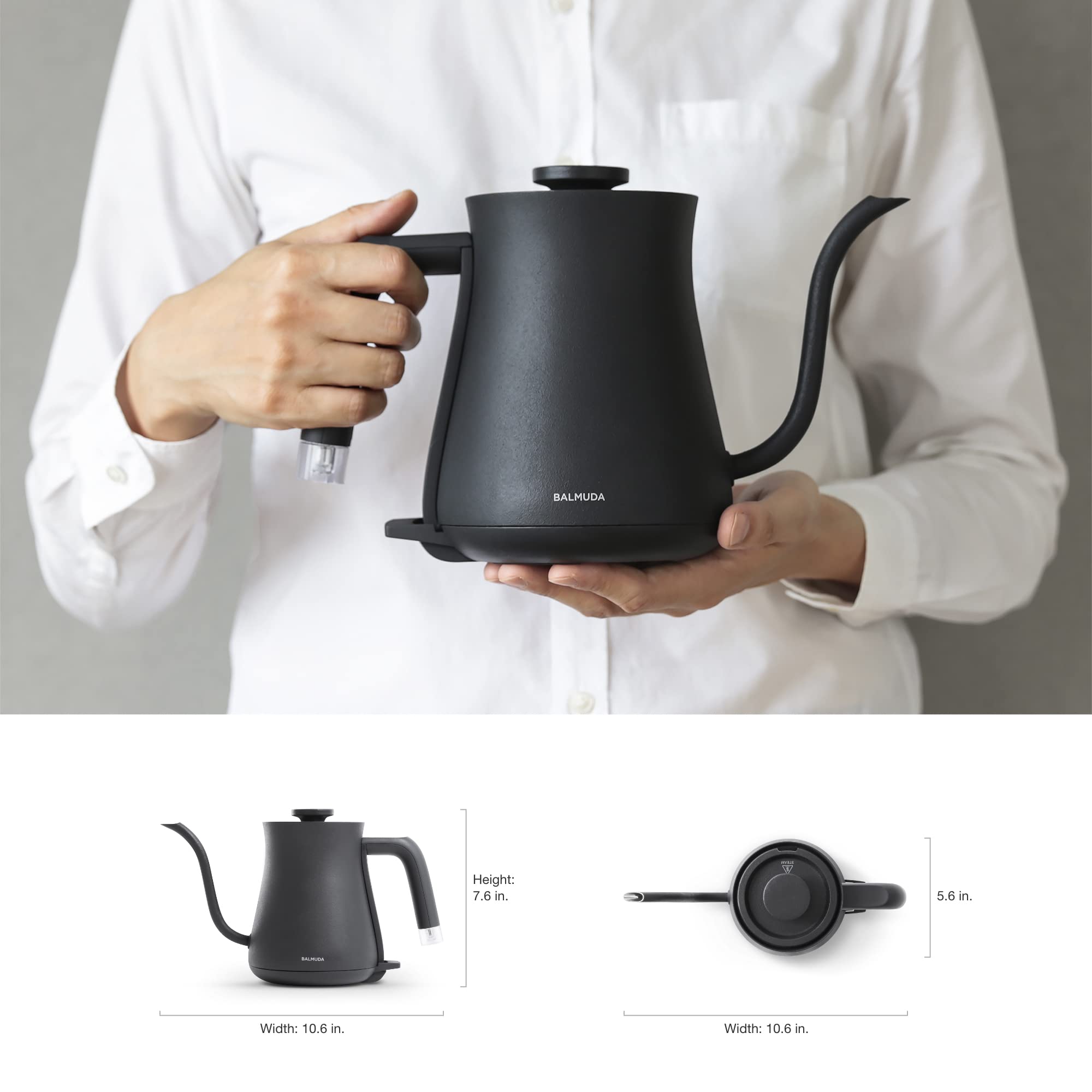 BALMUDA The Kettle | Electric Lightweight Gooseneck Kettle | Stainless Steel | 0.6L (20fl oz) Capacity | Neon Light Indicator | Perfect for Tea and Coffee | K02H-BK | Black | US Version