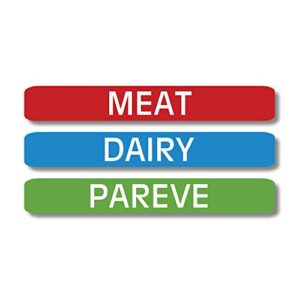 lovable labels kosher labels, 120 pre-printed meat, dairy and pareve kosher stickers, microwave, freezer and dishwasher safe, color coded kitchen stickers for kosher kitchen. (blue/red/green)