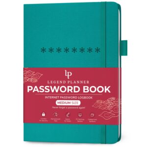 legend planner password book with alphabetical tabs. internet address keeper logbook. journal for website logins, medium 5.3x7.7" (turquoise)