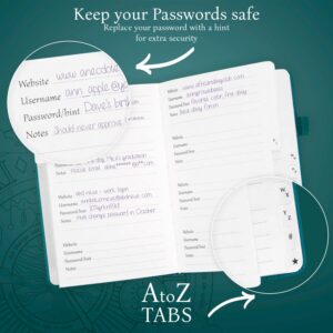 Legend Planner Password Book with Alphabetical tabs. Internet Address Keeper Logbook. Journal for Website Logins, Medium 5.3x7.7" (Turquoise)