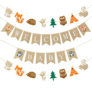 woodlands baby shower decorations woodland boy baby shower banners, 1 welcome little baby banner, 2 woodland creatures banners deer forest animal friends garland baby shower birthday party decor