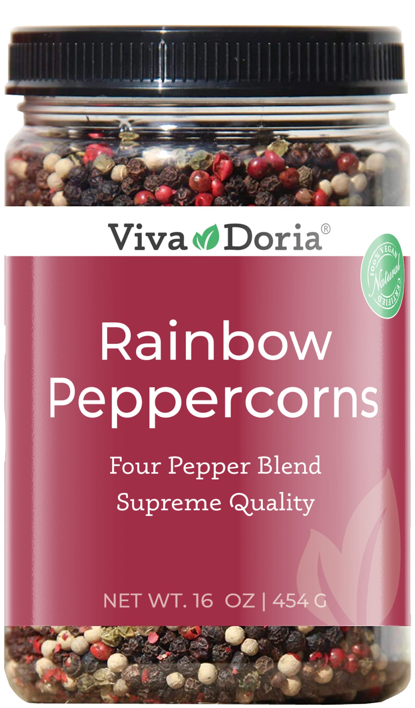 Viva Doria Rainbow Blend Peppercorn, Steam Sterilized Whole Black/Green Pepper, Whole Pink/White Pepper, 16 Oz, For Grinder Refills