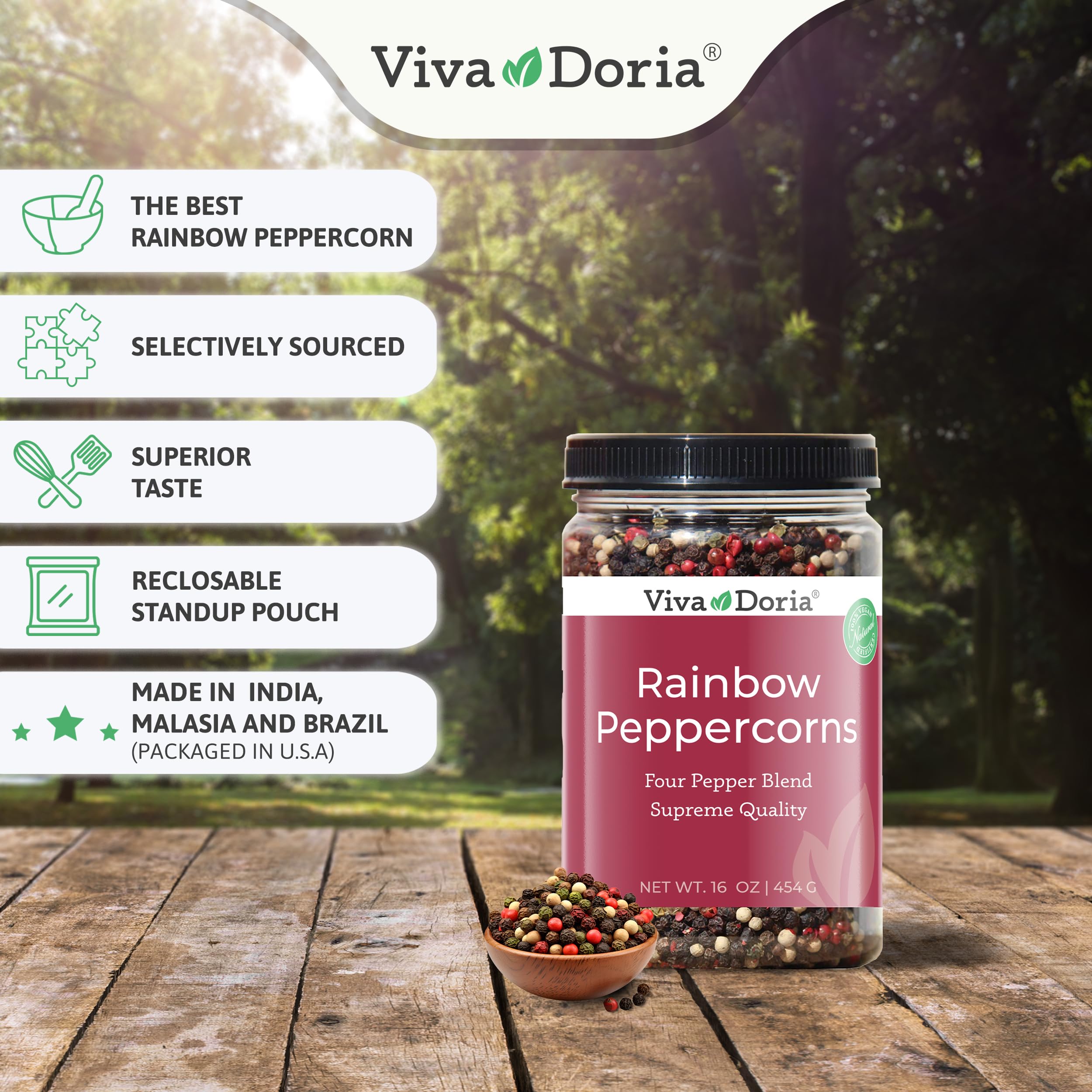 Viva Doria Rainbow Blend Peppercorn, Steam Sterilized Whole Black/Green Pepper, Whole Pink/White Pepper, 16 Oz, For Grinder Refills