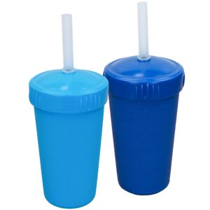 re-play made in usa 2 pack straw cups for toddlers, 10 oz. - reusable kids cups with straws and lids, dishwasher/microwave safe - toddler cups with straws 3.13" x 5.5", navy blue/sky blue