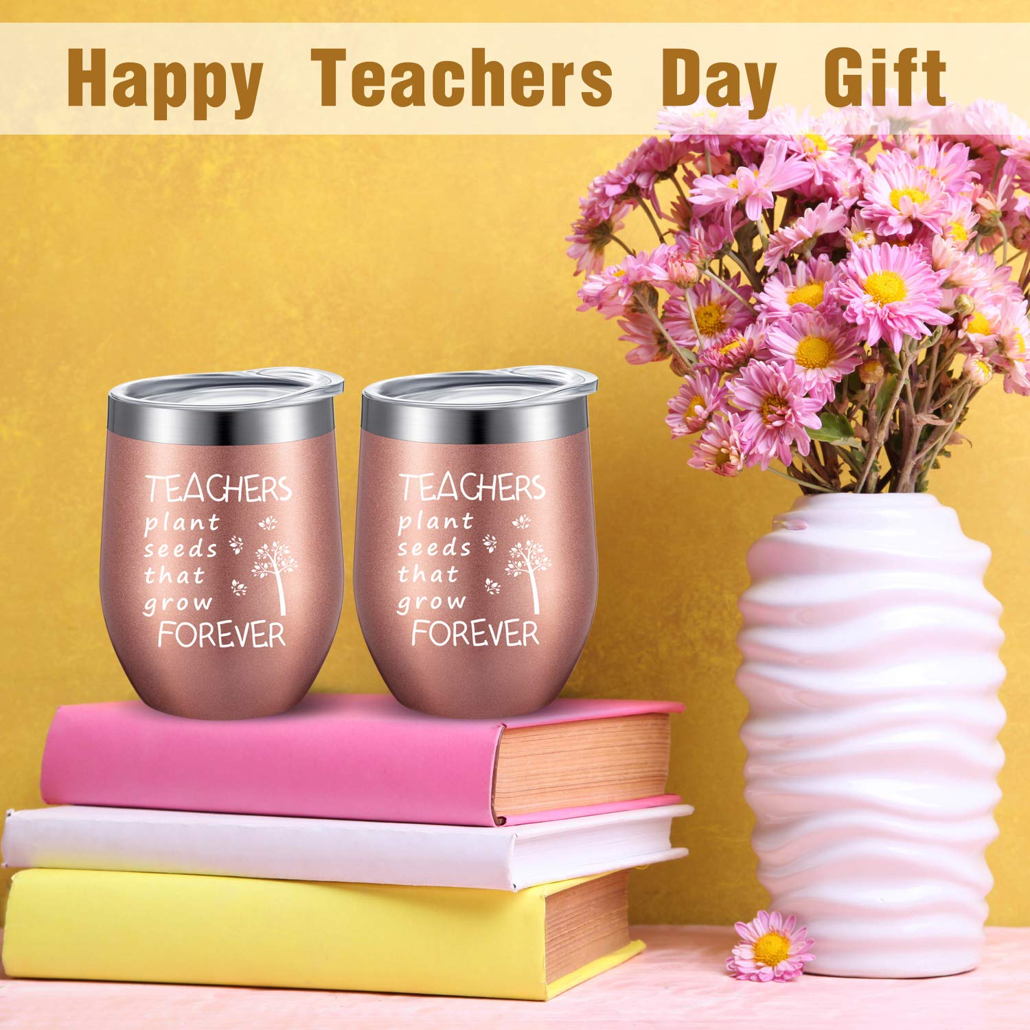 Boao 2 Pack Teacher Appreciation Gifts for Women, Novelty Birthday Thank You Gift Graduation Gift for Teachers, Teachers Plant Seeds That Grow Forever, Insulate Tumbler 12 oz (Rose Gold)