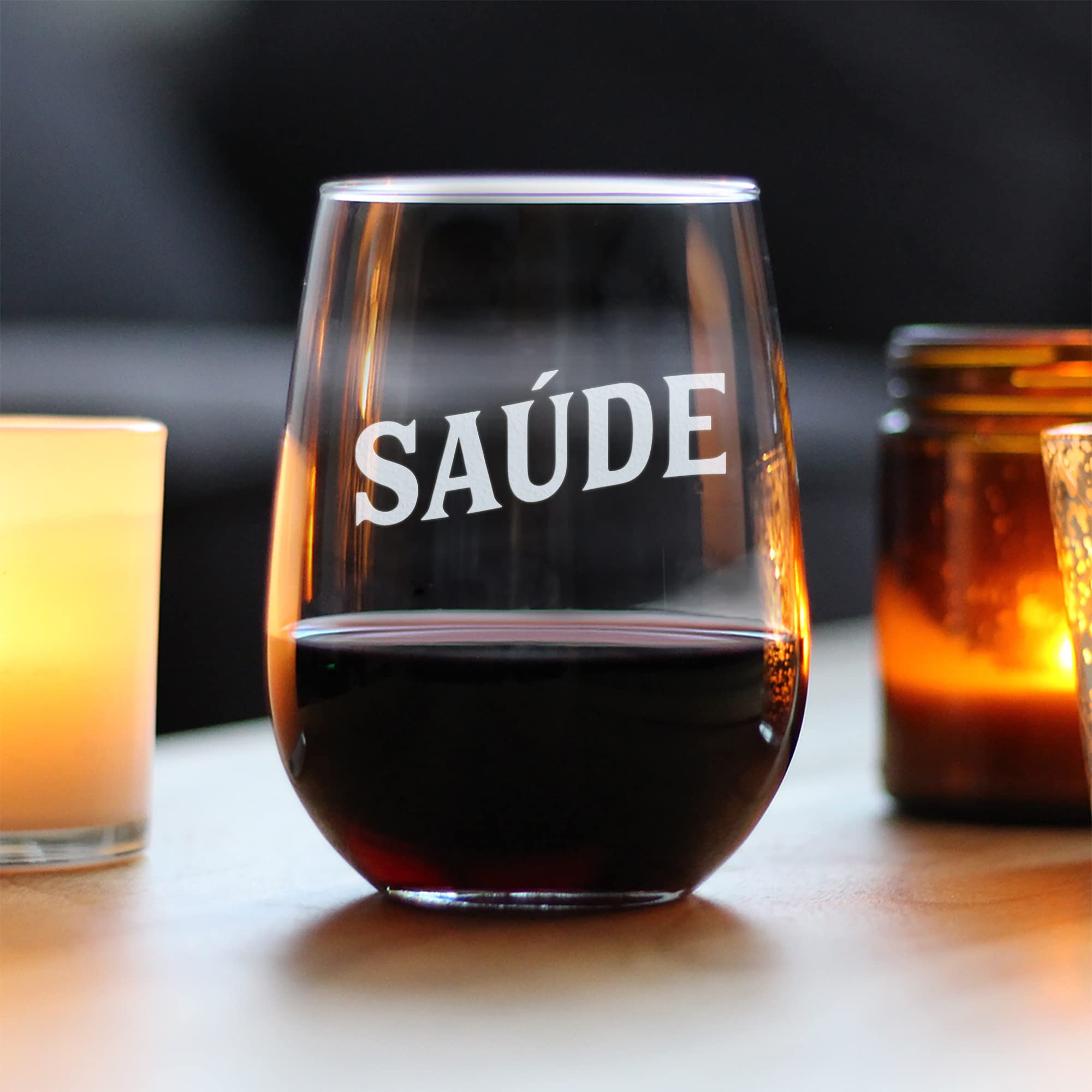 Saude - Portuguese Cheers - Stemless Wine Glass - Cute Portugal Themed Gifts or Party Decor for Women - Large