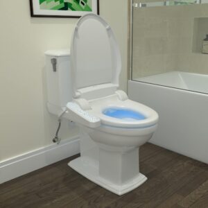 Brondell CL510-RW Swash CL510 Electric Bidet Toilet Heated Seat, Oscillating Stainless Steel Nozzle, Warm Air Dryer, Night, Gentle Close Lid, Light Blue Side Arm Control, Round