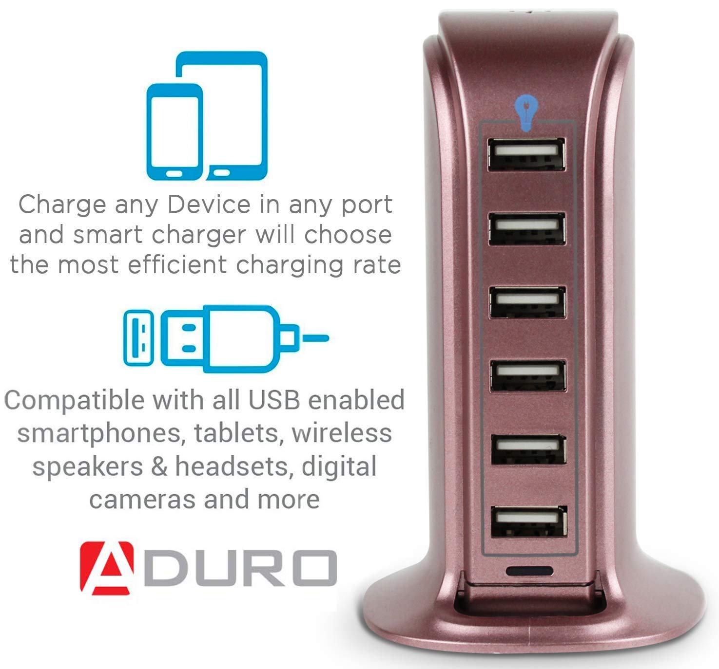 Aduro 40W 6-Port USB Desktop Charging Station Hub Wall Charger for iPhone iPad Tablets Smartphones with Smart Flow (Rose Gold)