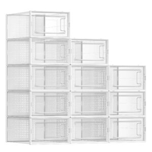 songmics shoe boxes, pack of 12 shoe storage organizers, stackable clear plastic boxes for closet, sneakers, 9.1 x 13.1 x 5.6 inches, fit up to us size 11, transparent and white ulsp12swt