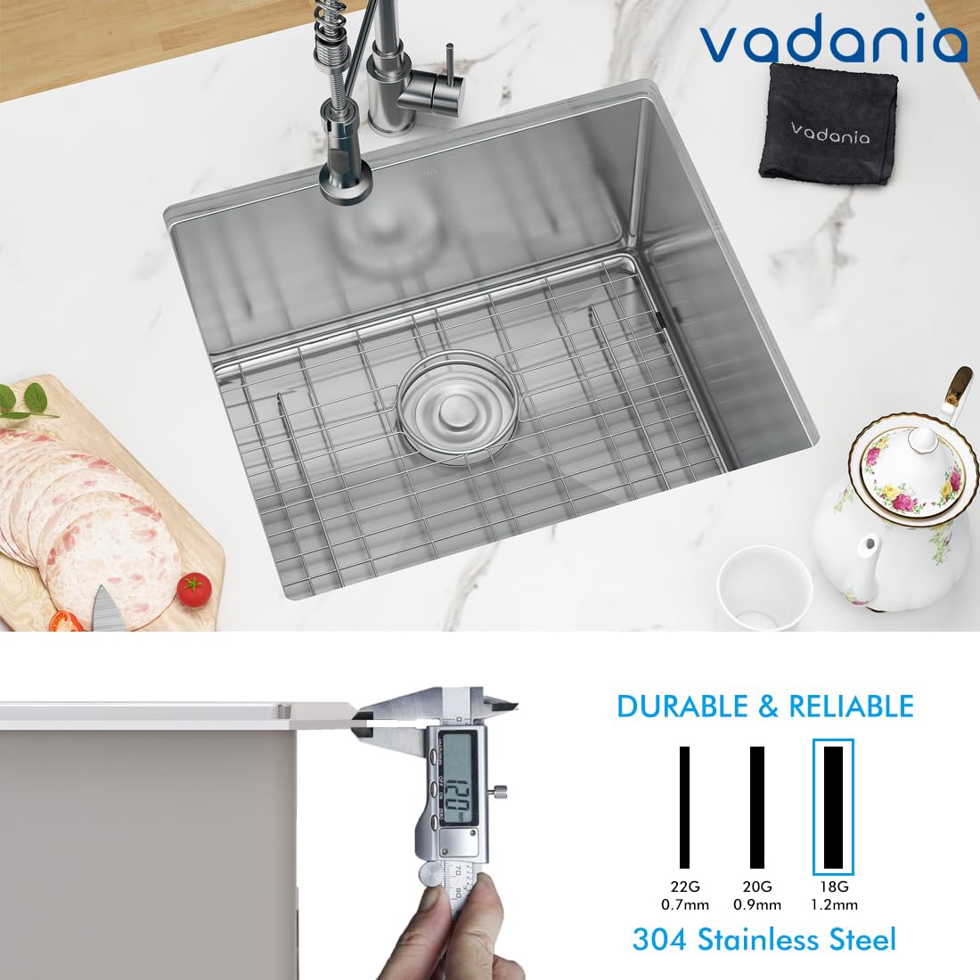 VADANIA 20-inch Kitchen Bar Sink, 20"x18"x10", Single Bowl, Undermount, 18 Gauge T304 Stainless Steel, Satin Finish, with Strainer & Bottom Grid, cUPC listed