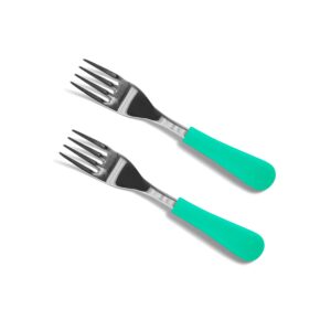 avanchy baby fork set, stainless steel and silicone spork utensils, toddler baby led weaning silverware cutlery flatware, kids first self feeding 2 pack, green forks