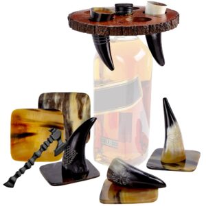 Viking Culture Viking Horn Drinking Cup Shot Glasses with Vintage Axe Bottle Opener, Coasters, and Rustic Wood Display Stand, Toasting Vessels for Party, Event, Bachelors