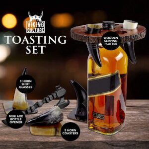 Viking Culture Viking Horn Drinking Cup Shot Glasses with Vintage Axe Bottle Opener, Coasters, and Rustic Wood Display Stand, Toasting Vessels for Party, Event, Bachelors