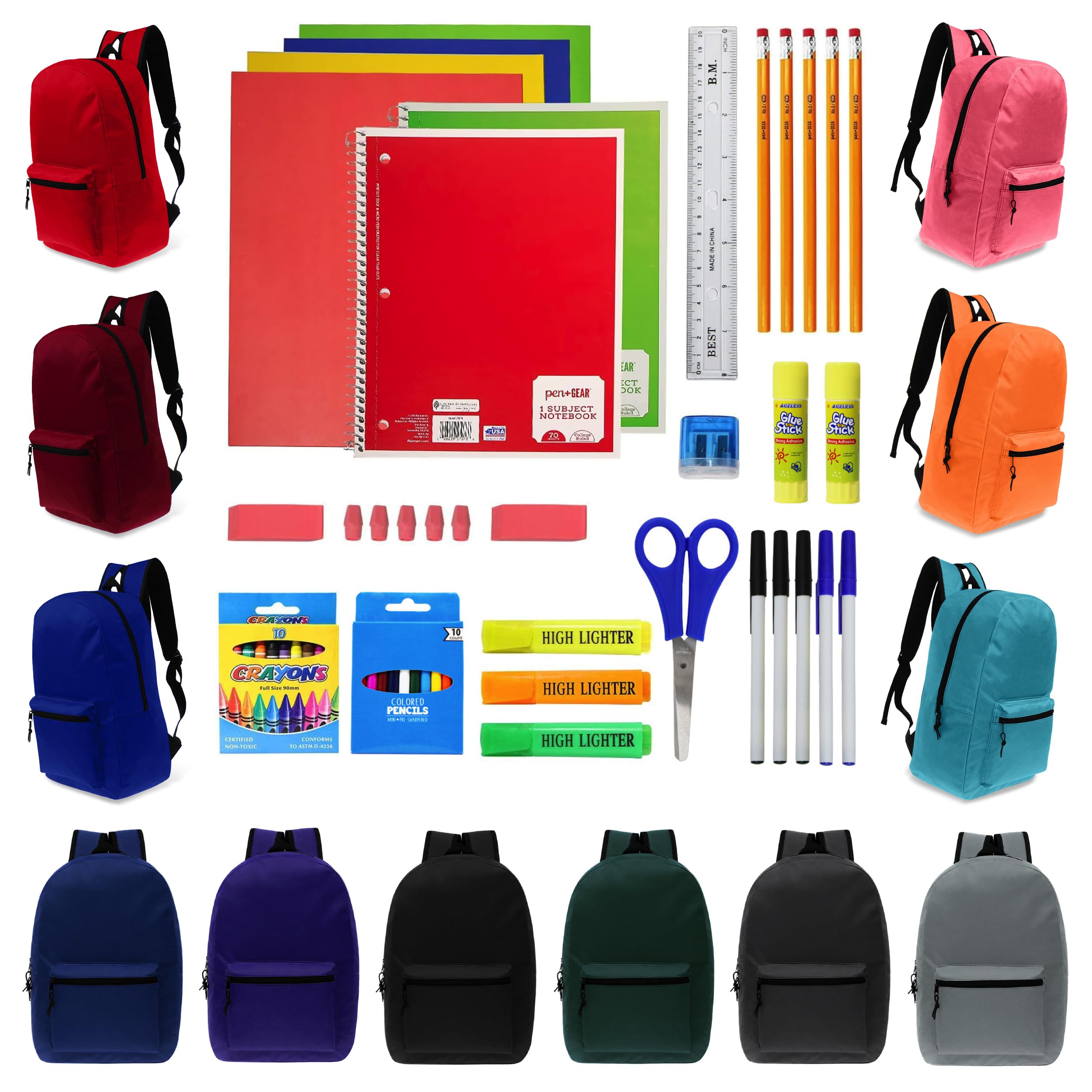 12-Pack 15" Backpacks with 52 Piece School Supplies Kits – Bulk Bundle Essential for Elementary, Middle, and High School Students, 12 Assorted Styles