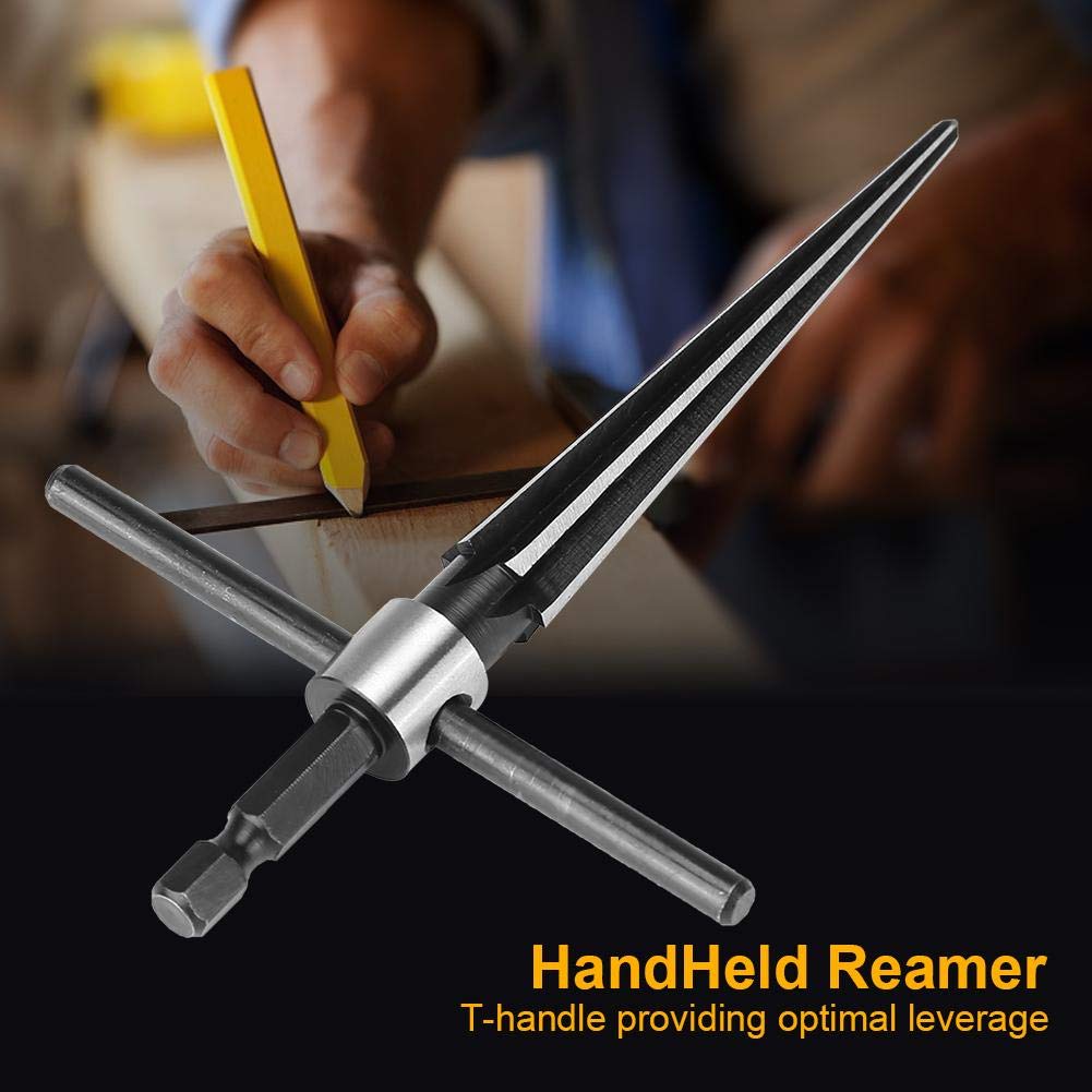 T Handle Tapered Reamer Tool 3-13mm(1/8-1/2 ), 6 Fluted Chamfer Bridge Pin Hole Handheld Chaser, 45# Steel 1/4" Hex Shank Durable for Chamfering Taper Holes Countersink Latches Guitar