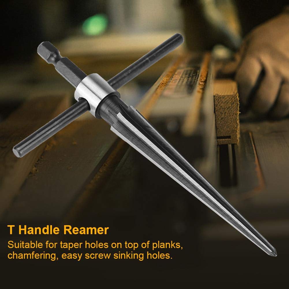 T Handle Tapered Reamer Tool 3-13mm(1/8-1/2 ), 6 Fluted Chamfer Bridge Pin Hole Handheld Chaser, 45# Steel 1/4" Hex Shank Durable for Chamfering Taper Holes Countersink Latches Guitar