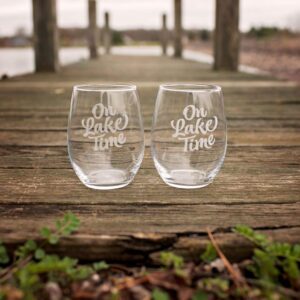 On Lake Time - Lake House Wine Glasses, Lakehouse Decor for the Home, Lake House Gifts, Set of 2