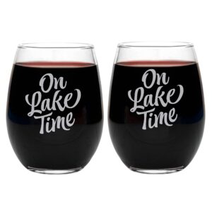 On Lake Time - Lake House Wine Glasses, Lakehouse Decor for the Home, Lake House Gifts, Set of 2