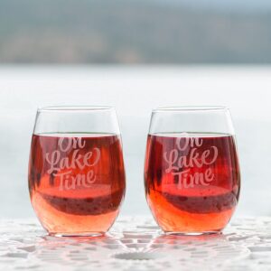 On Lake Time - Lake House Wine Glasses, Lakehouse Decor for the Home, Lake House Gifts, Set of 2