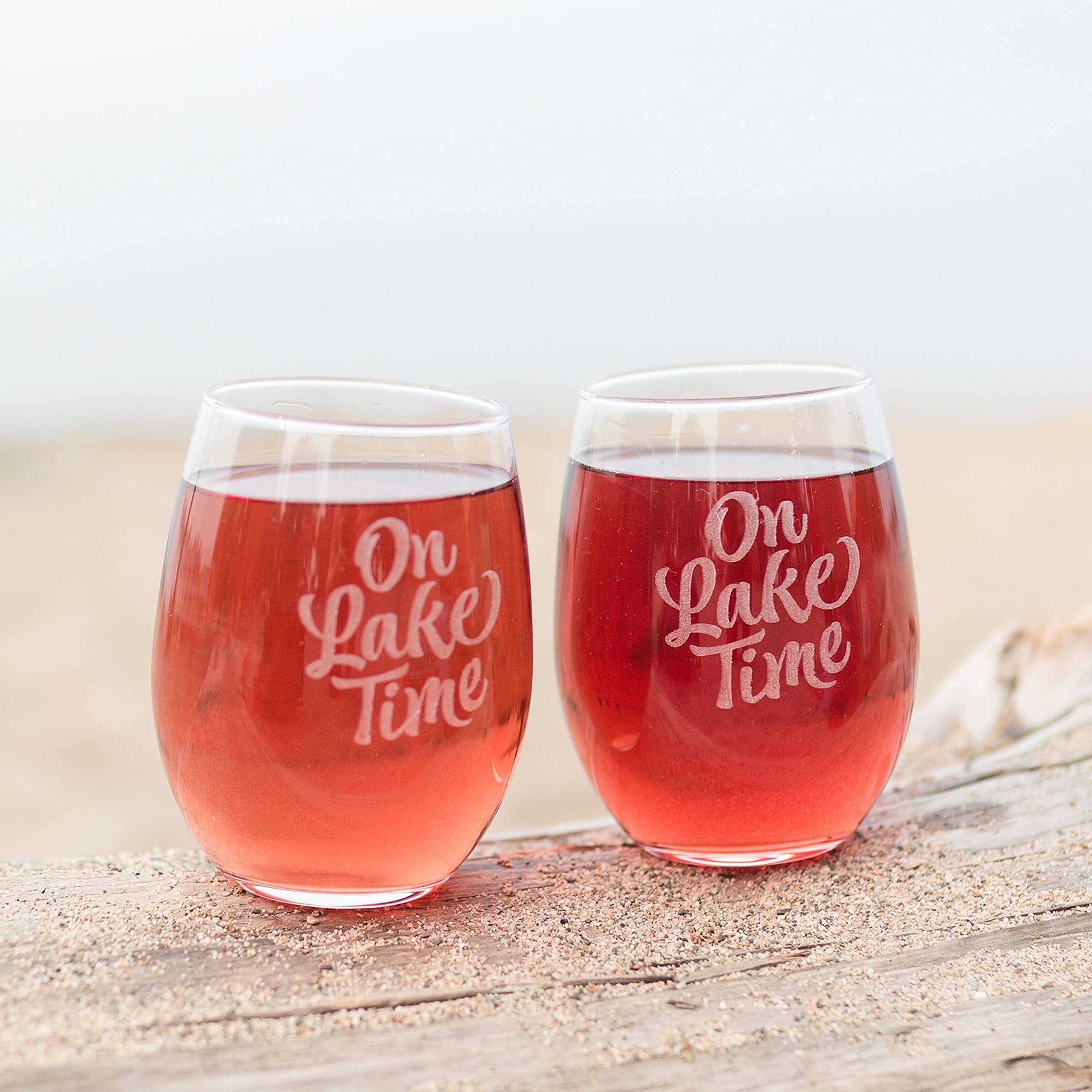 On Lake Time - Lake House Wine Glasses, Lakehouse Decor for the Home, Lake House Gifts, Set of 2