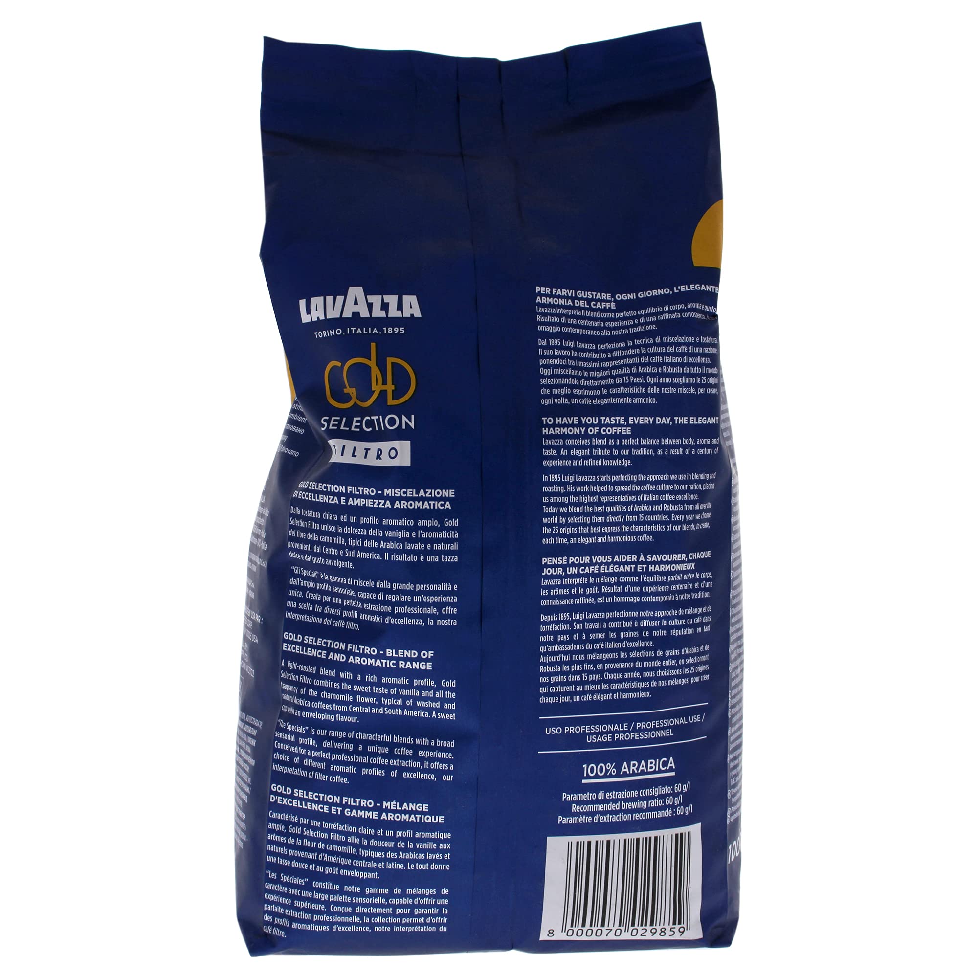 Lavazza Gold Selection Filtro Whole Bean Coffee Light Roast, Authentic Italian, Blended and roasted in Italy,Vanille and Chamomille flower aromatic notes, 2.2 LB (Pack of 1)