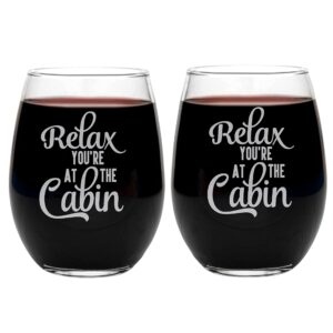log home decor stemless wine glasses set of two - gifts for the cabin - retirement gifts for men