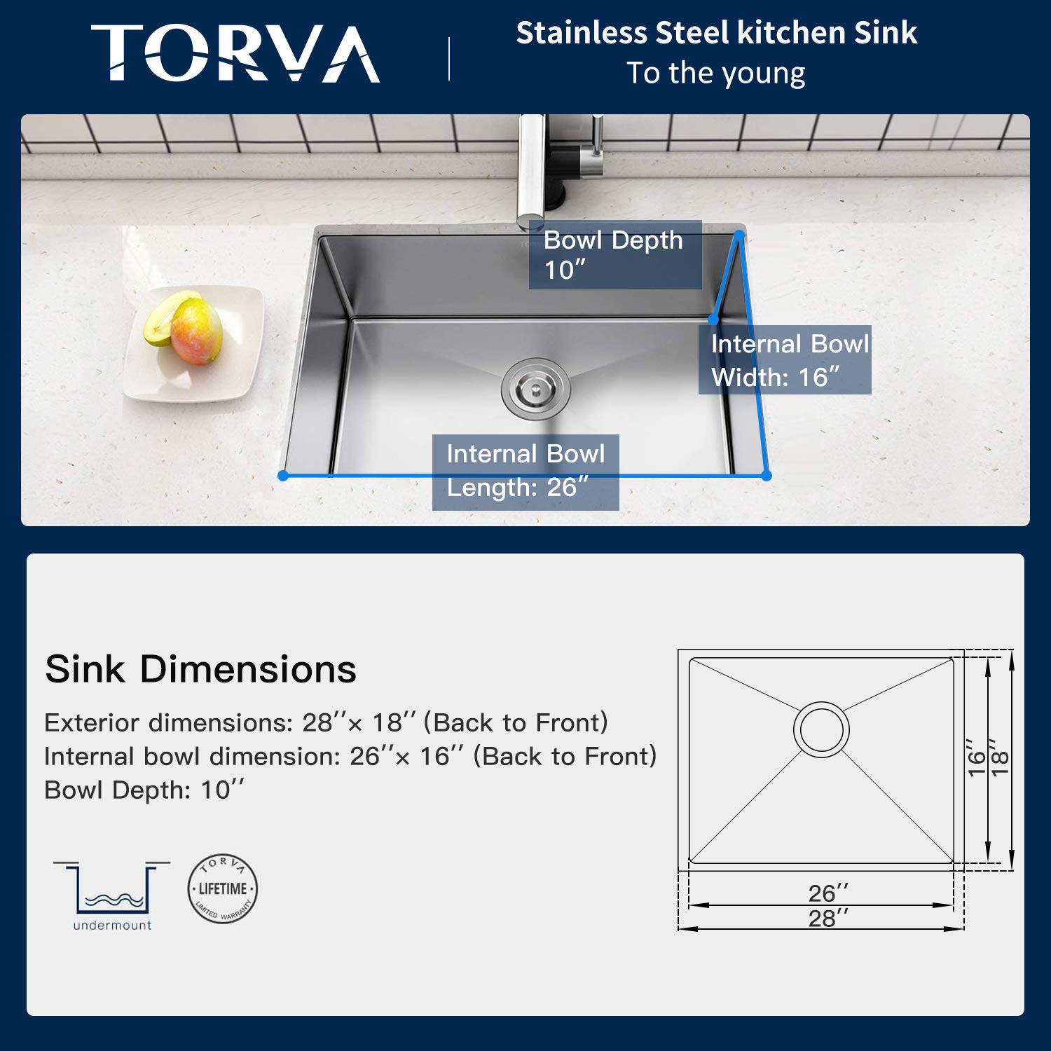 TORVA 28-inch Undermount Kitchen Sink, 16 Gauge Stainless Steel Single Bowl - 10 Inches Deep Basin