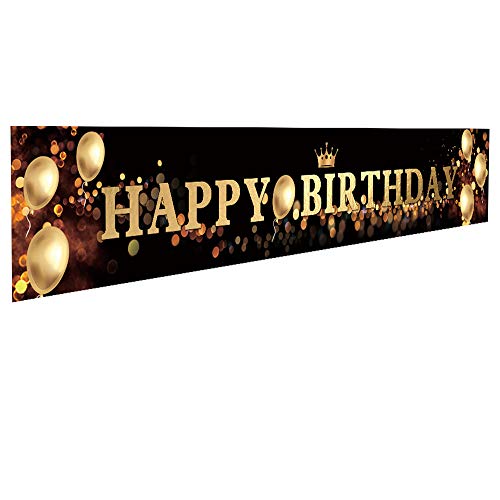 Ushinemi Happy Birthday Banner Party Signs for Birthday Backdrop, Large, Black and Gold