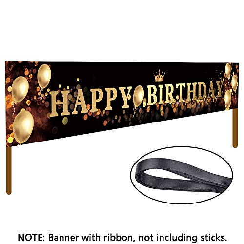 Ushinemi Happy Birthday Banner Party Signs for Birthday Backdrop, Large, Black and Gold