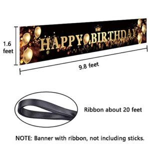 Ushinemi Happy Birthday Banner Party Signs for Birthday Backdrop, Large, Black and Gold