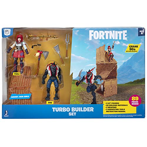 Fortnite Turbo Builder Set, 2 Figure Pack - 4 Inch Fable and Dire Collectible Action Figures - Plus 82 Building Materials, 2 Weapons, 3 Harvesting Tools - Collect Them All