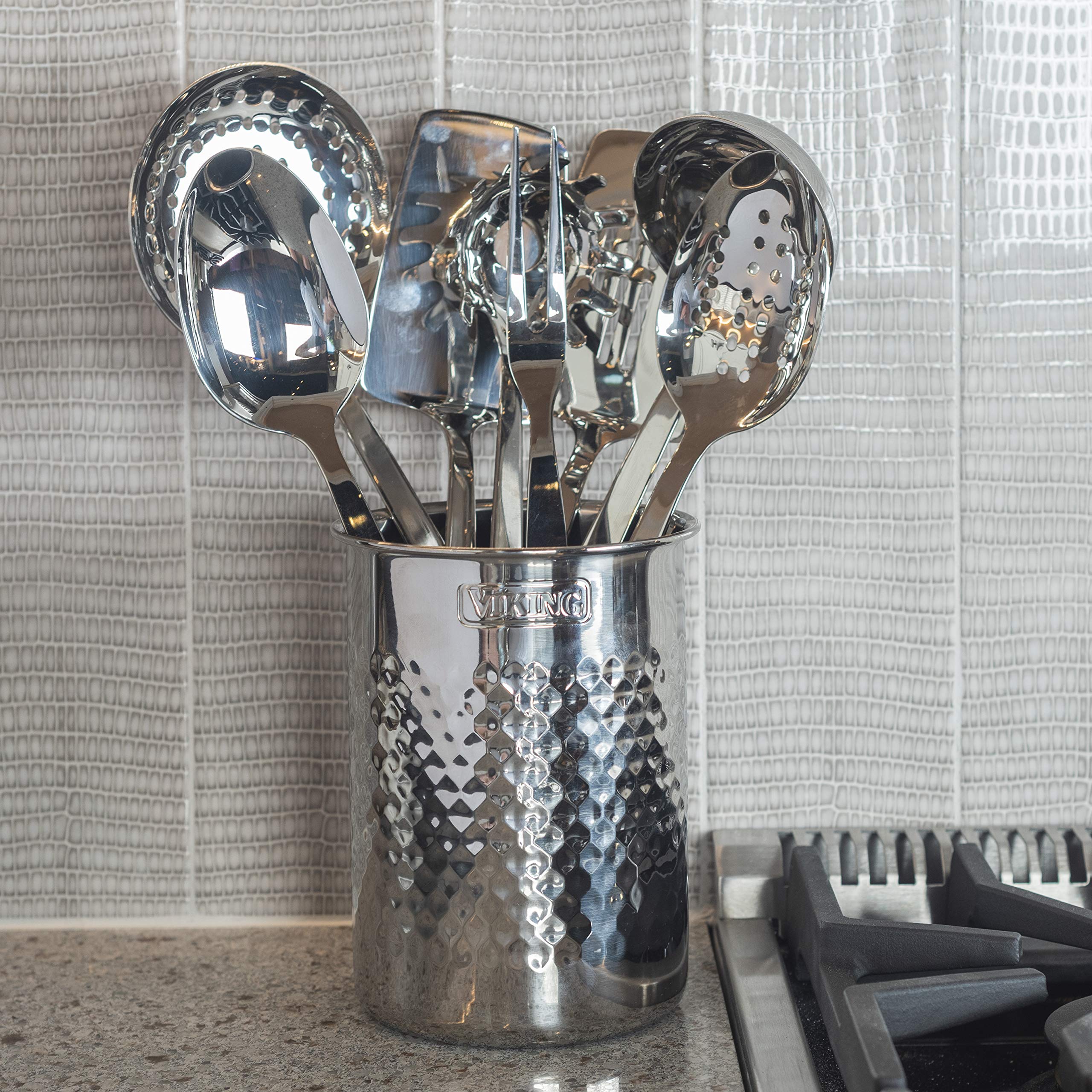 Viking Culinary Hammered Stainless Steel Utensil Holder, Dishwasher Safe,Silver 6.75" x 4.75"