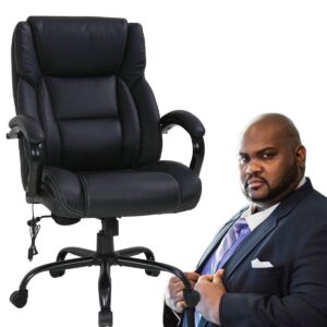 big and tall executive office chair - heavy duty 500lbs wide seat pu leather swivel rolling, ergonomic desk computer chair w/high back & lumbar support arms for home office black