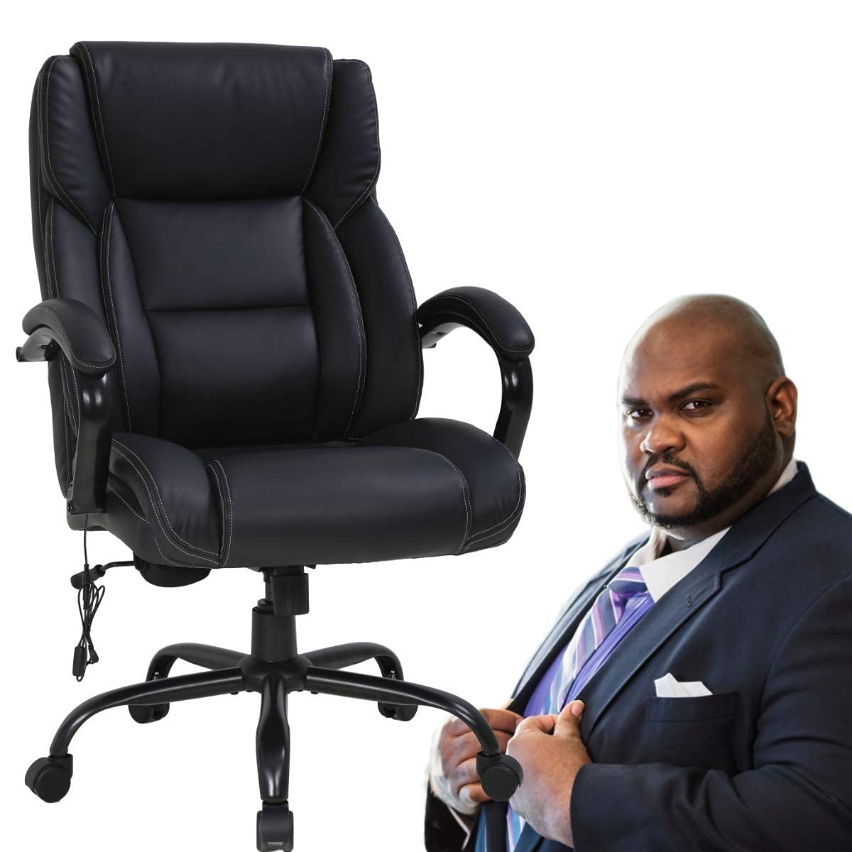 Big and Tall Executive Office Chair - Heavy Duty 500lbs Wide Seat PU Leather Swivel Rolling, Ergonomic Desk Computer Chair w/High Back & Lumbar Support Arms for Home Office Black