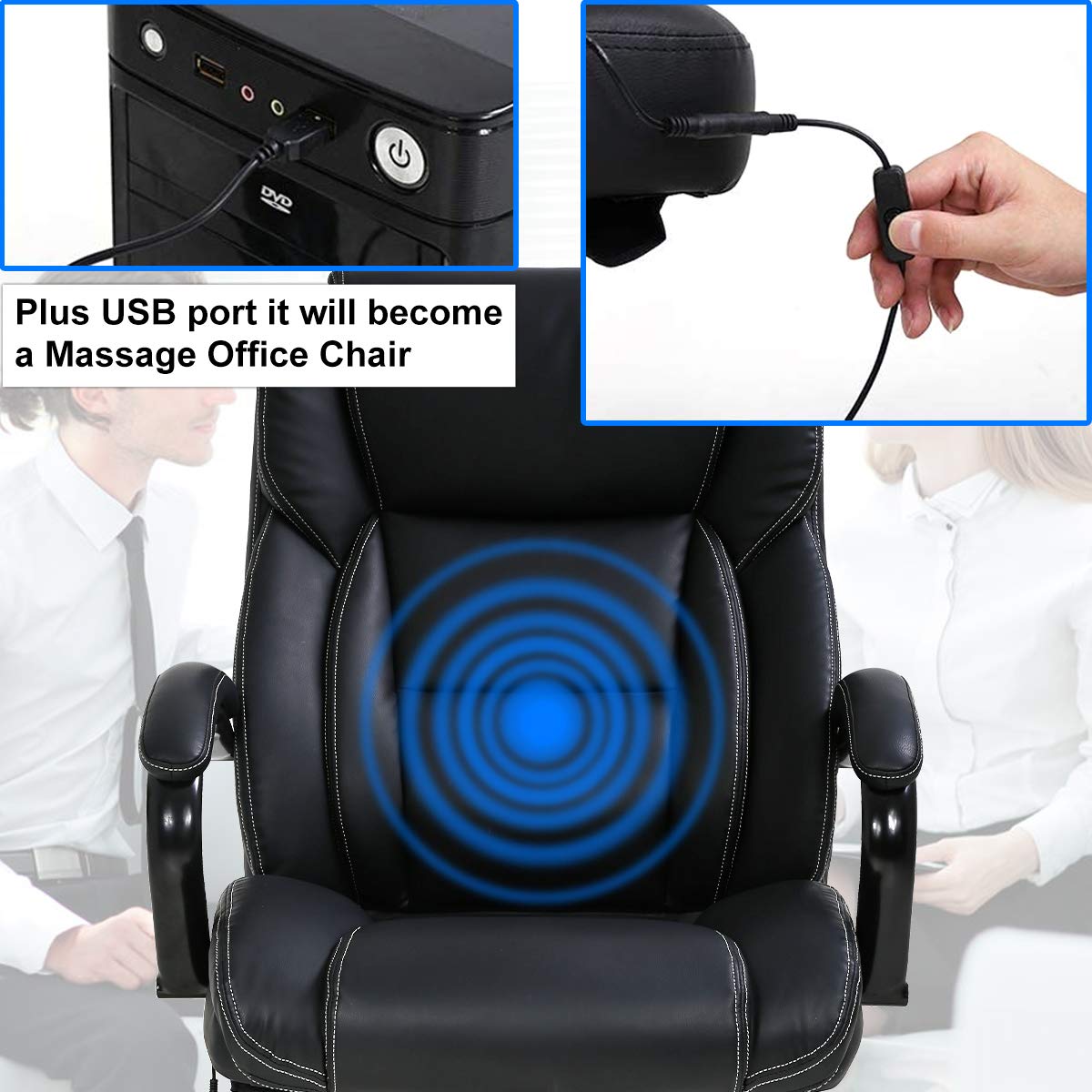 Big and Tall Executive Office Chair - Heavy Duty 500lbs Wide Seat PU Leather Swivel Rolling, Ergonomic Desk Computer Chair w/High Back & Lumbar Support Arms for Home Office Black