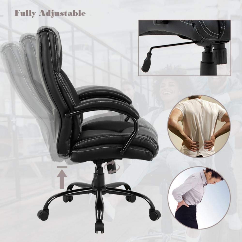 Big and Tall Executive Office Chair - Heavy Duty 500lbs Wide Seat PU Leather Swivel Rolling, Ergonomic Desk Computer Chair w/High Back & Lumbar Support Arms for Home Office Black