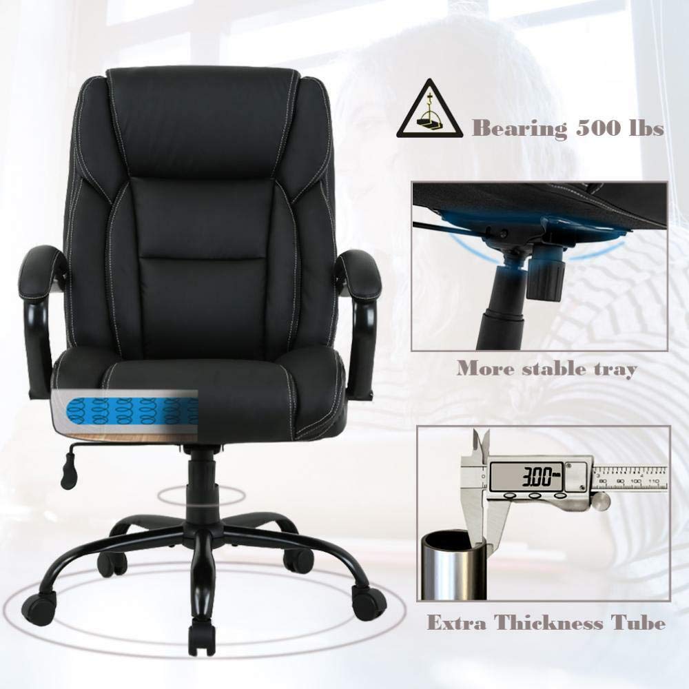 Big and Tall Executive Office Chair - Heavy Duty 500lbs Wide Seat PU Leather Swivel Rolling, Ergonomic Desk Computer Chair w/High Back & Lumbar Support Arms for Home Office Black