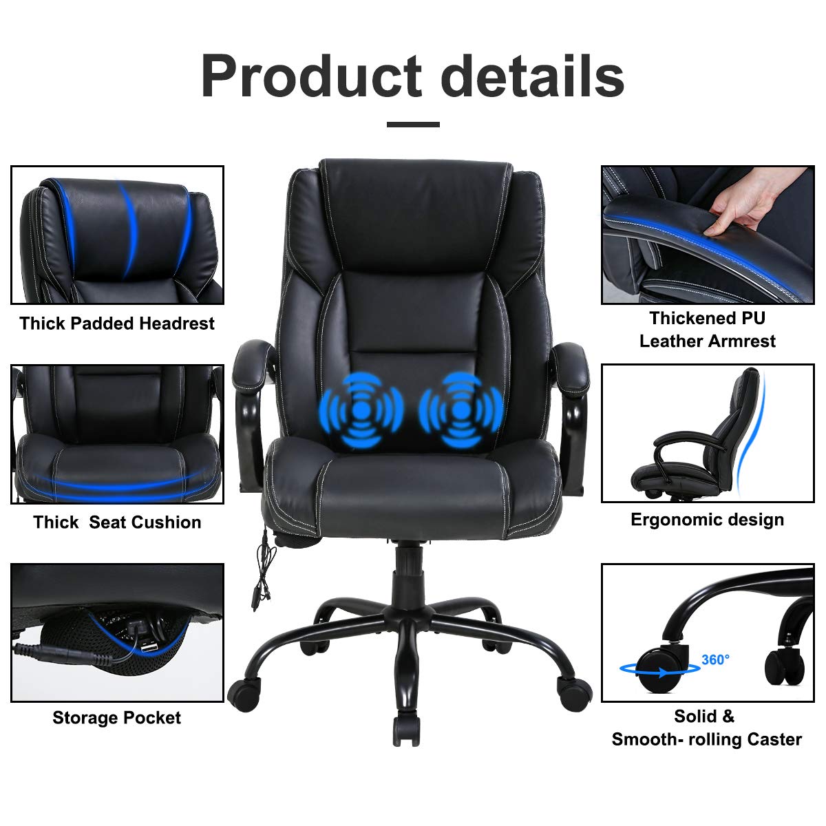 Big and Tall Executive Office Chair - Heavy Duty 500lbs Wide Seat PU Leather Swivel Rolling, Ergonomic Desk Computer Chair w/High Back & Lumbar Support Arms for Home Office Black