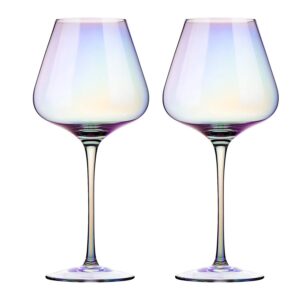 e-liu red wine glasses crystal glass, 23 oz. large bowl, long stemmed glassware - for wine tasting, birthday, anniversary or wedding gifts – set of 2, iridescent