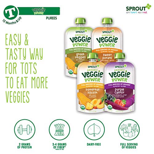 Sprout Organic Baby Food, Stage 4 Toddler Pouches, Sweet Potato Veggie Power Pack, 4 Oz Purees (Pack of 12)