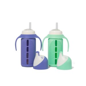 set of 2 - glass sippy cup for toddlers - the luca | mint green & indigo purple | spill-proof | silicone straw | 8 oz | liquids never touch plastic | removable handles…