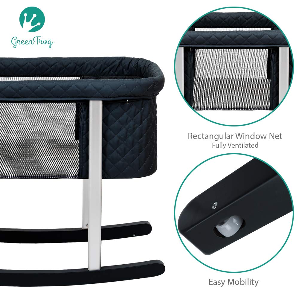 Green Frog Bassinet/Cradle | Gentle Rocking | Mesh Windows | Infant Safe Mattress | Hidden Wheels for Easy Movement | Washable | Lightweight and Transportable (Black Diamond)