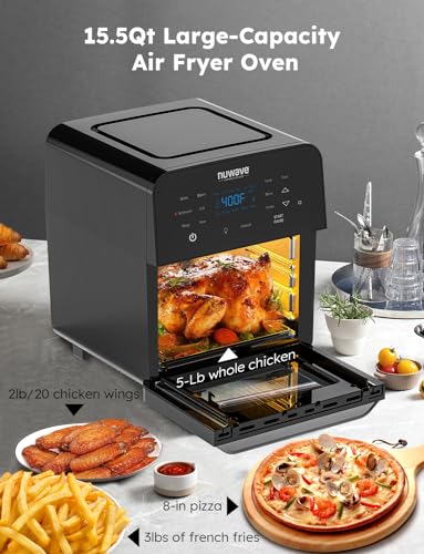 Nuwave Brio Air Fryer Oven, 15.5Qt X-Large Family Size, SS Rotisserie Basket &Skewer-Kit, Reversible Ultra Non-Stick Grill/Griddle Plate, Powerful 1800W, Integrated Smart Thermometer,Black